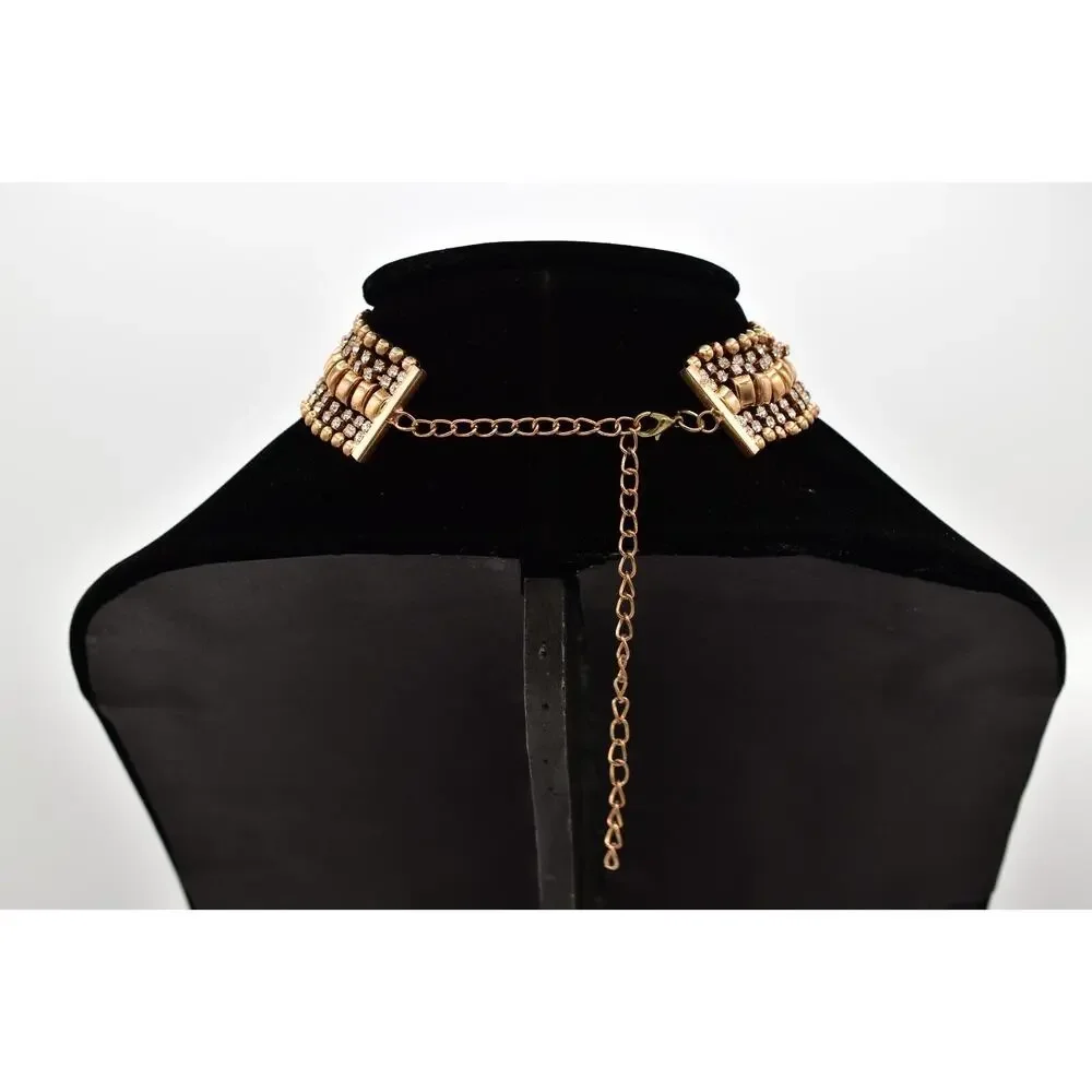 Vintage Crystal Choker Necklace Gold Tone Prong Rhinestone Chunky 1990s BinA17